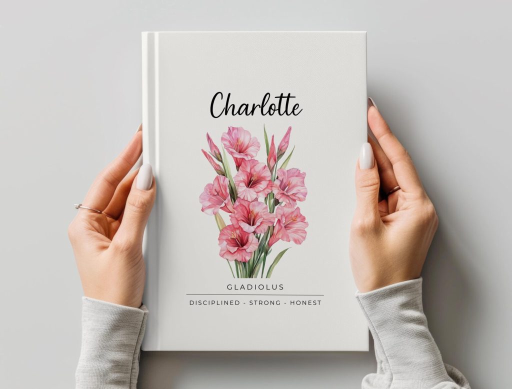 A personalized hardcover journal featuring a watercolor pink gladiolus bouquet and birth flower traits, a meaningful and keepsake August birthday gift idea.