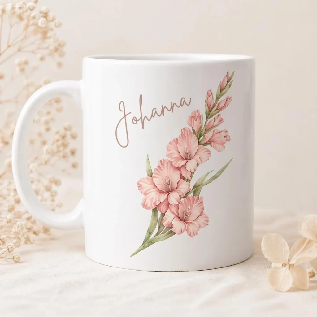 A white ceramic mug printed with a soft pink watercolor gladiolus stem and a personalised name in script, a sweet and thoughtful August birthday gift idea.