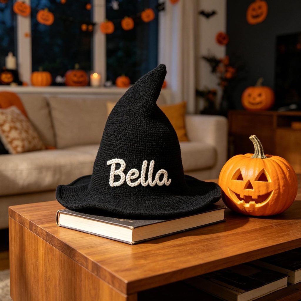 Personalized black knit witch hat with an embroidered name, a cozy and festive Halloween party favor idea.