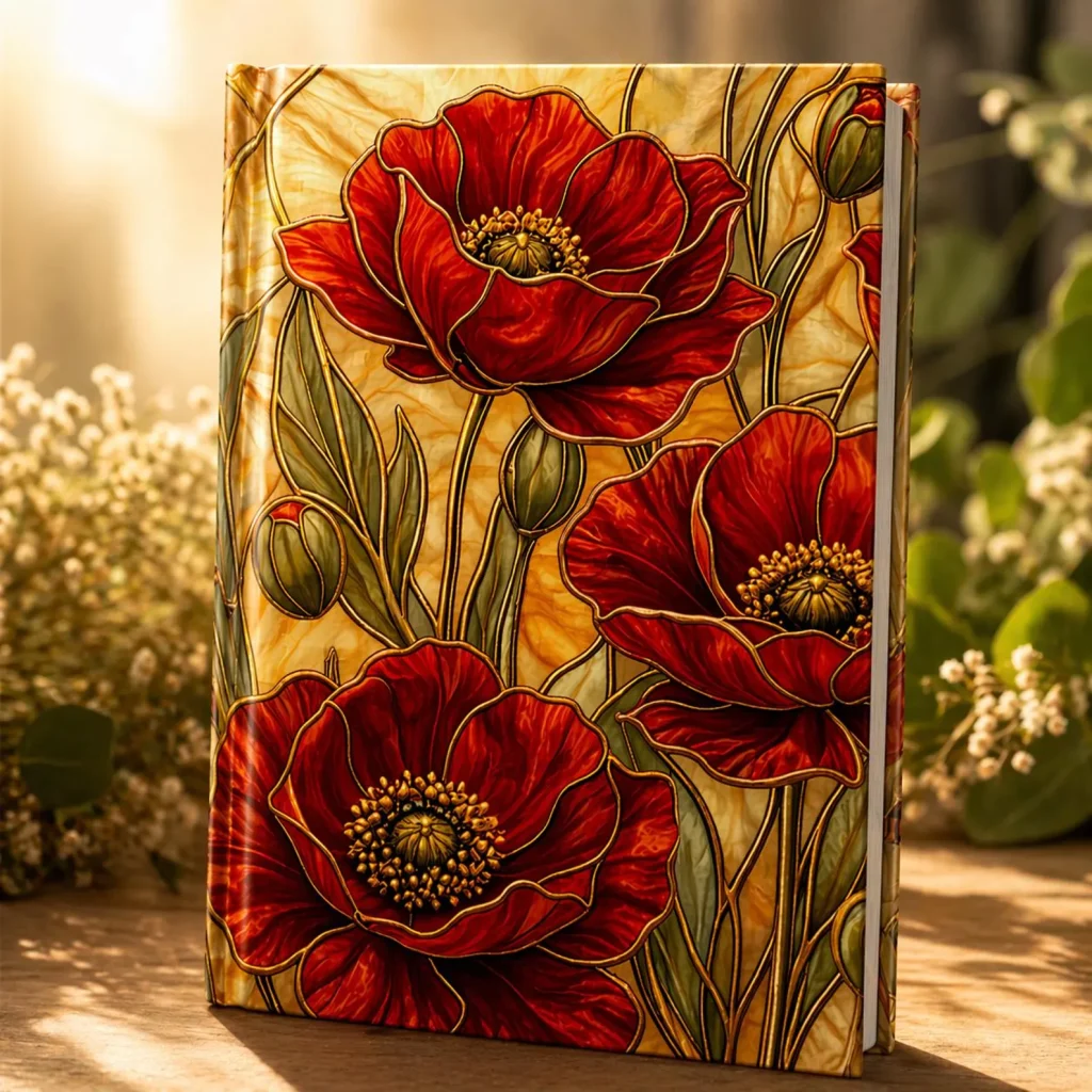 A hardcover journal with a rich stained glass style red poppy design in golden tones, a gorgeous and artistic August birthday gift idea.