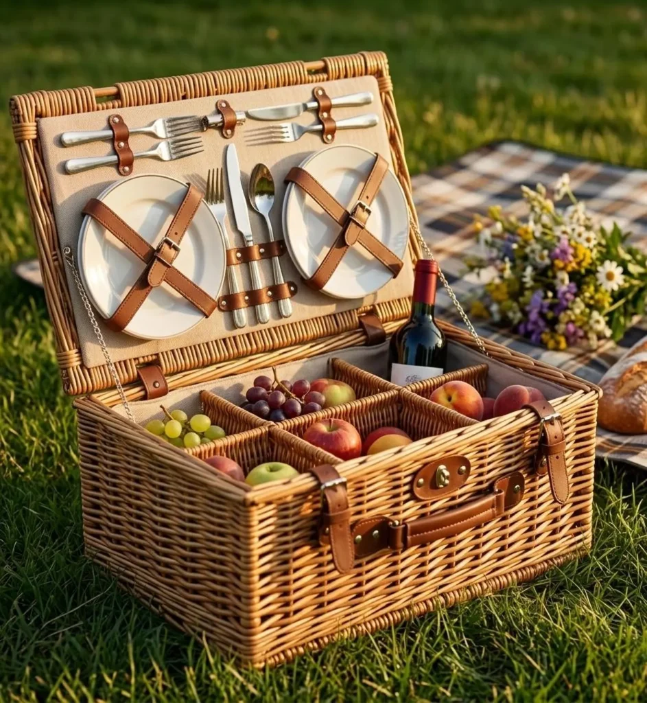 An open rattan picnic basket with leather straps filled with fruit and wine, complete with plates and cutlery, a classic and charming July birthday gift idea.