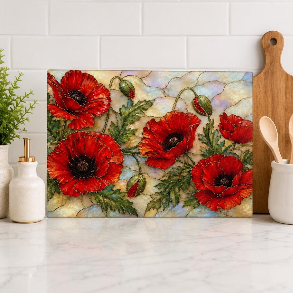 A glass cutting board printed with a vibrant stained glass style red poppy design, a striking and practical August birthday gift idea.
