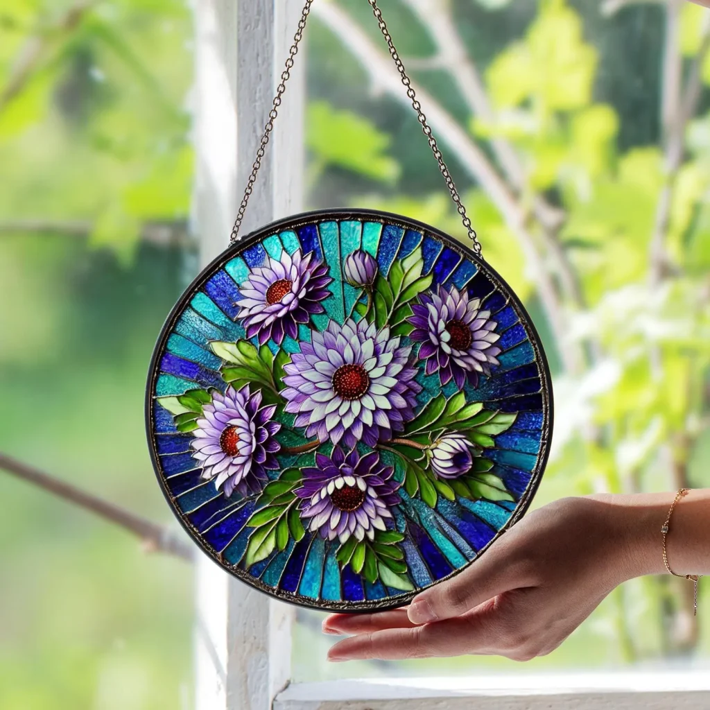 Stained glass suncatcher with purple aster flowers, a decorative and colorful pick for September birthday gift ideas.
