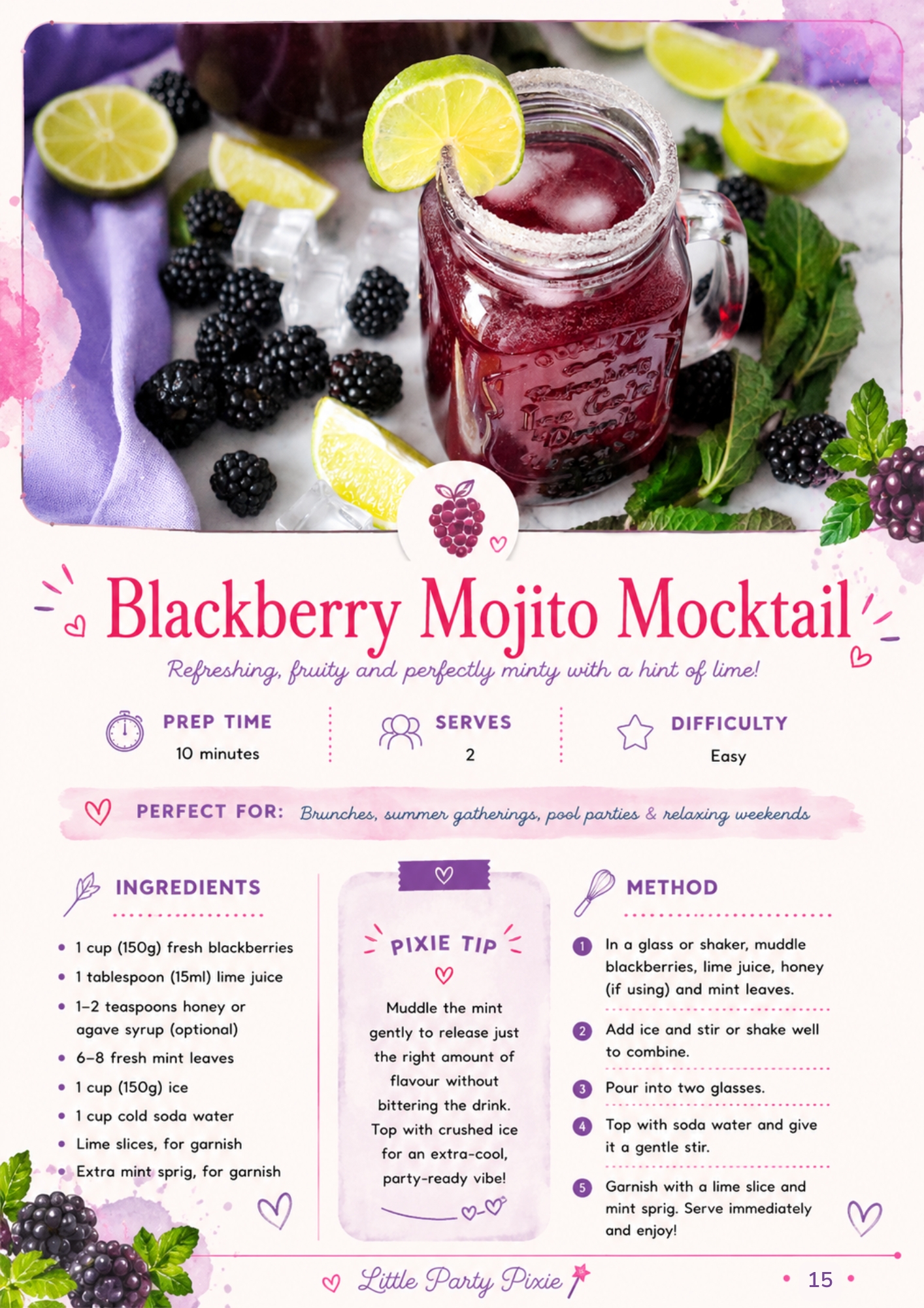 page inside summer mocktail ebook describing the blackberry mojito