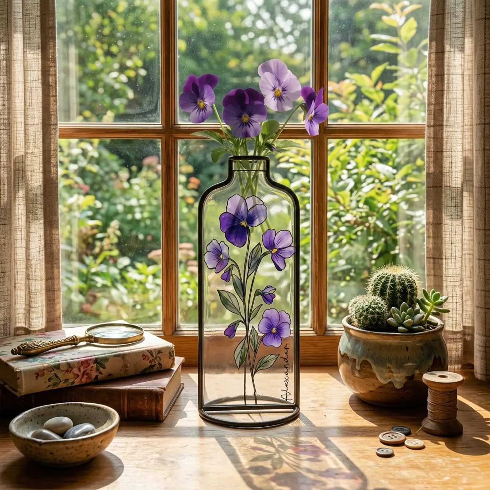 A personalized glass bottle vase painted with purple violet flowers holding fresh blooms on a sunny windowsill, a charming February birthday gift idea.