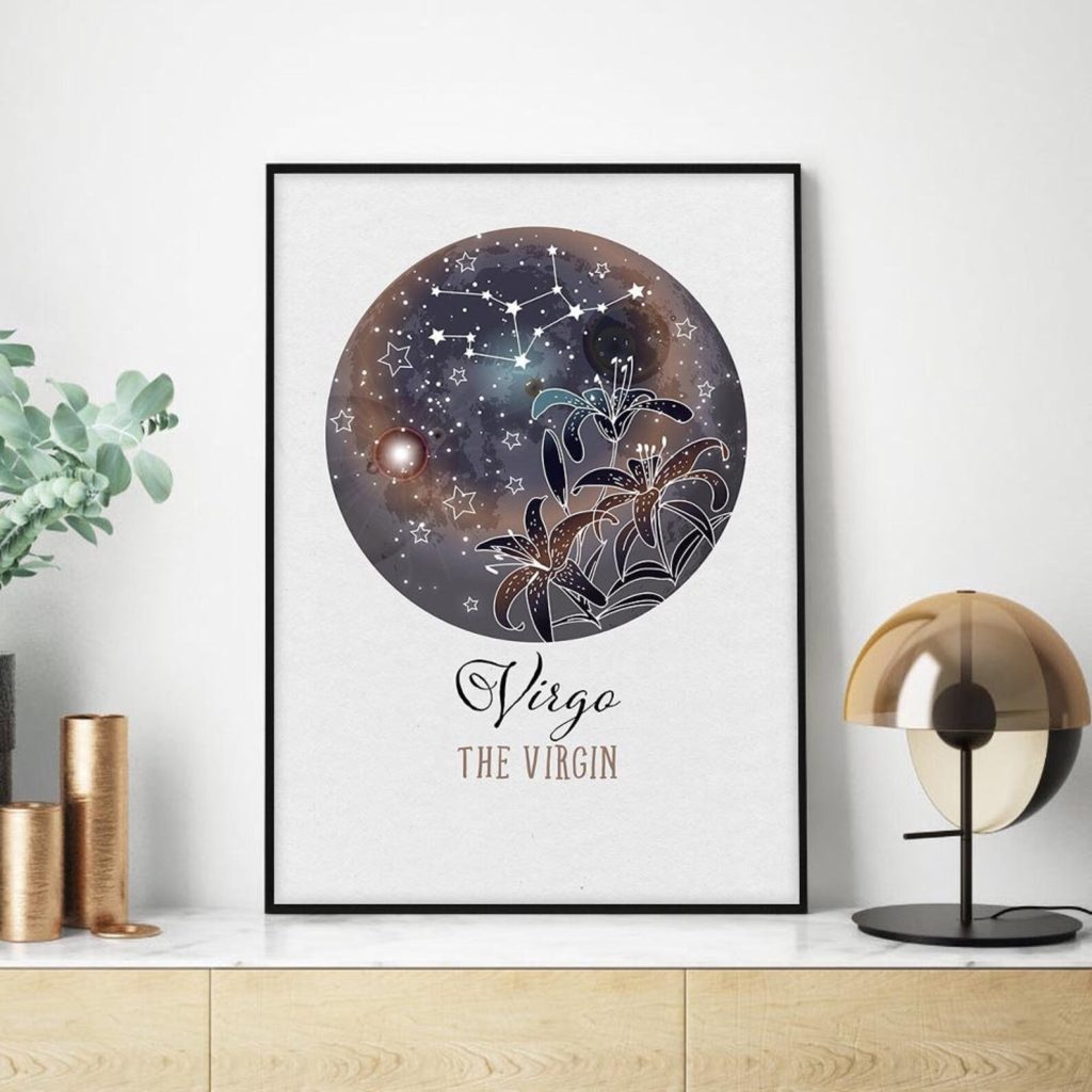 Framed Virgo constellation wall print with celestial stars and lily flowers, an artistic addition to September birthday gift ideas.