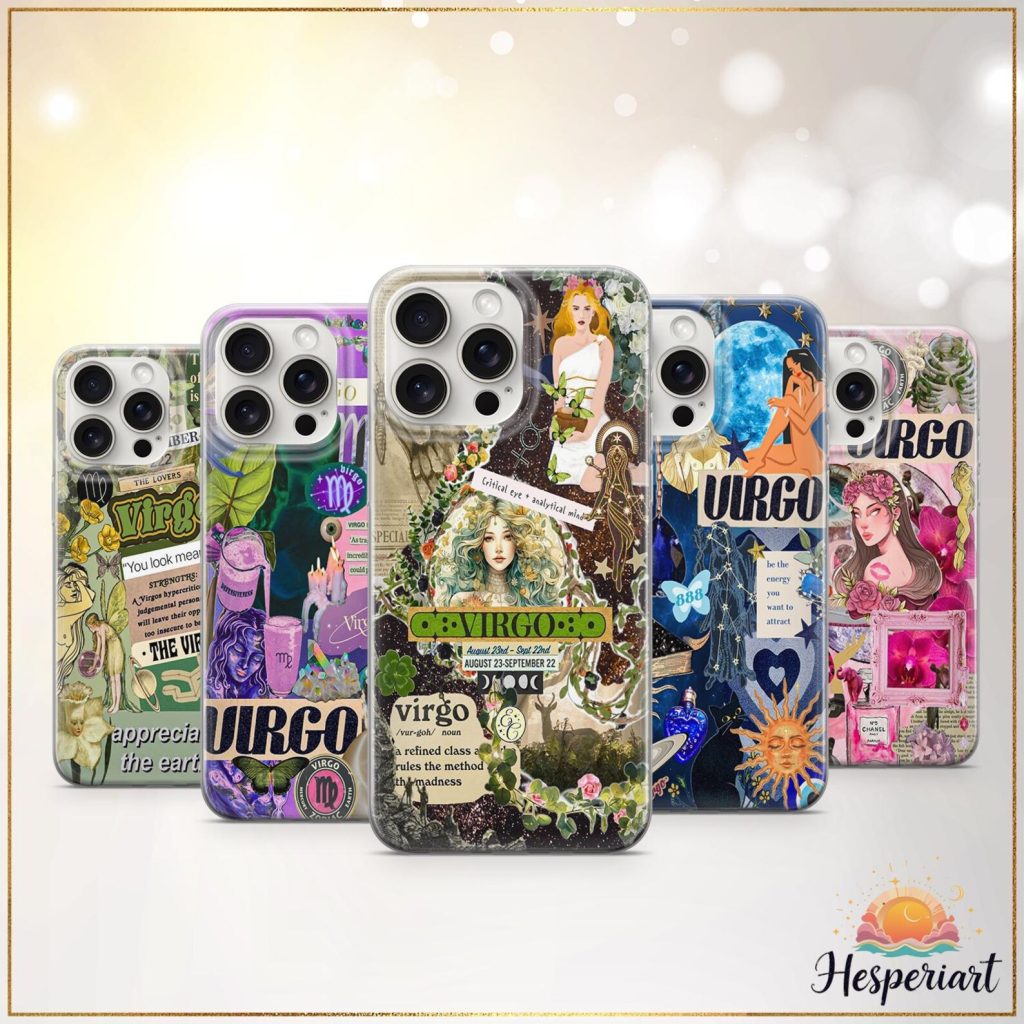 Five Virgo zodiac collage phone cases in various aesthetic styles featuring celestial goddess illustrations and zodiac symbols, a fun and personalized August birthday gift idea.