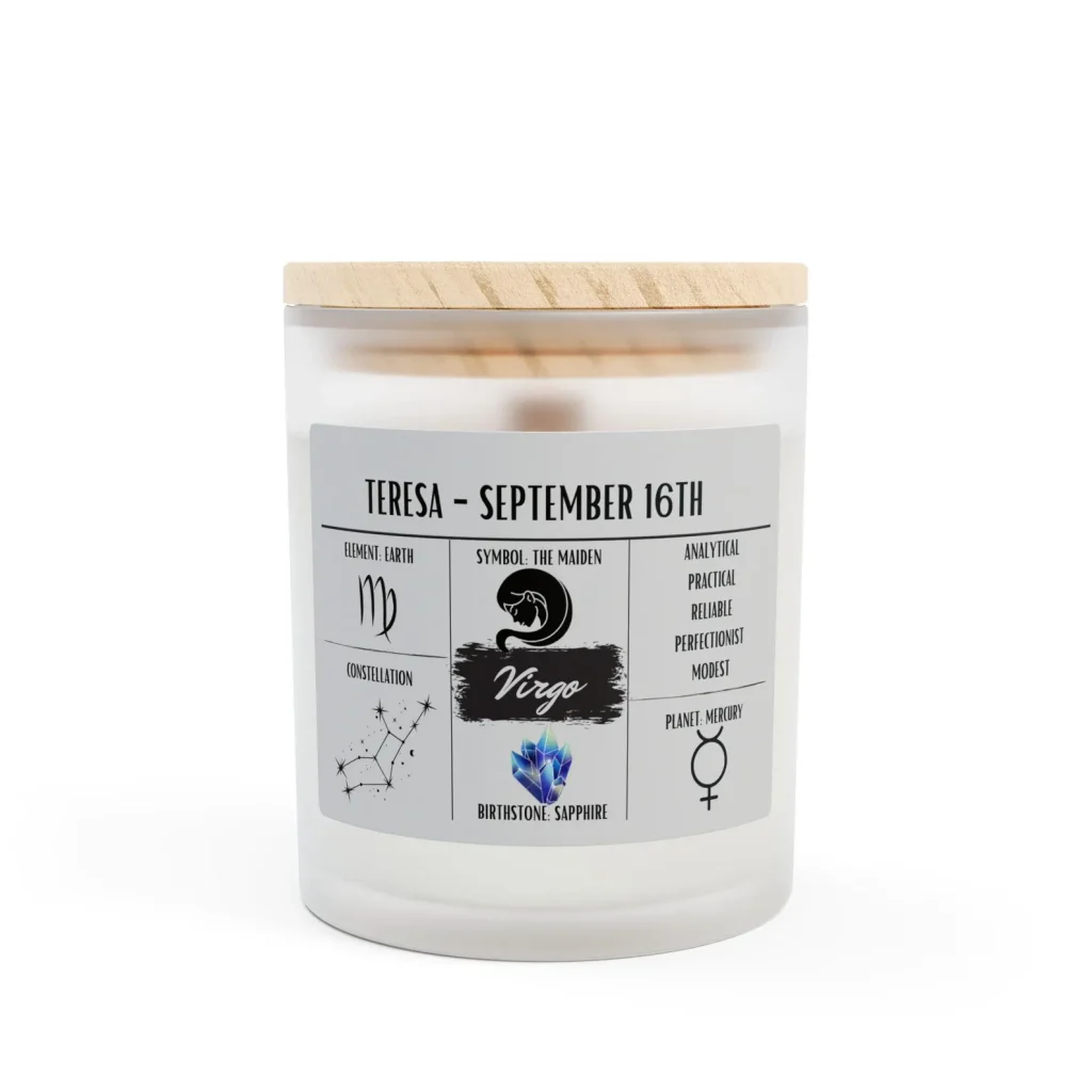 Personalized Virgo zodiac candle with constellation, element, and birthstone details, an informative choice for September birthday gift ideas.