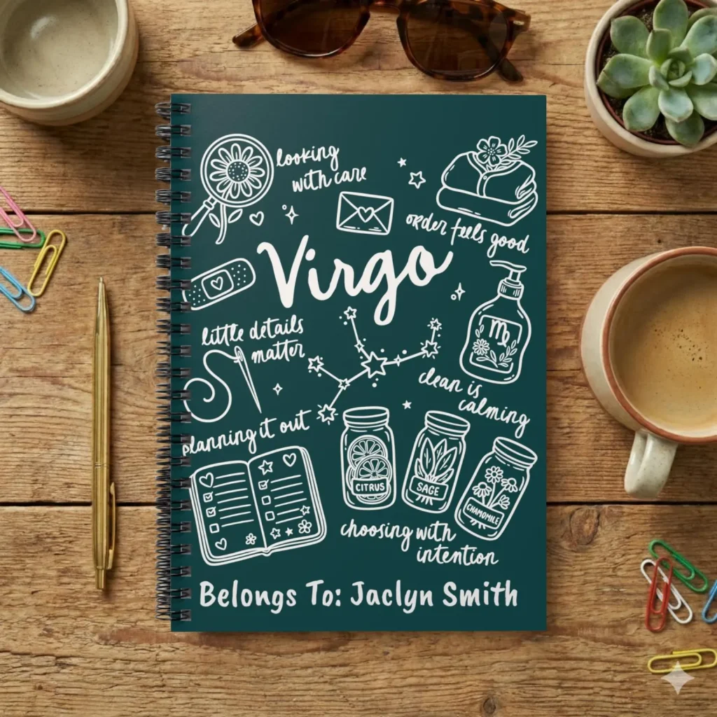 Personalized dark green Virgo doodle journal with hand-drawn icons and custom name, a charming choice for September birthday gift ideas.