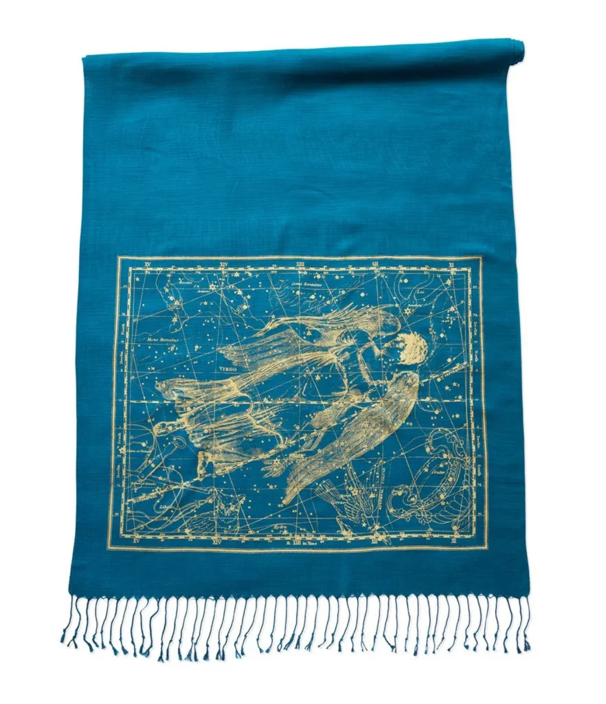 Teal Virgo constellation scarf with gold celestial print and fringe, a unique pick for September birthday gift ideas.