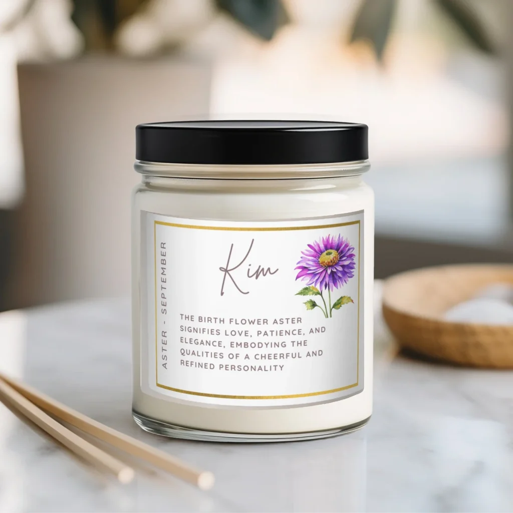 Personalized aster birth flower candle with a meaningful message, a thoughtful choice for September birthday gift ideas.