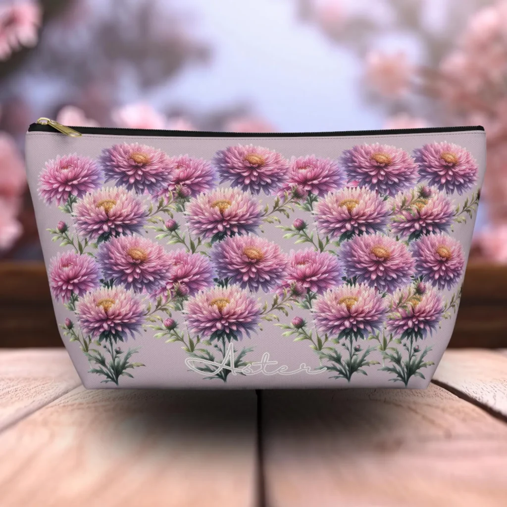 Aster flower makeup pouch with pink and purple floral print, a practical pick for September birthday gift ideas.