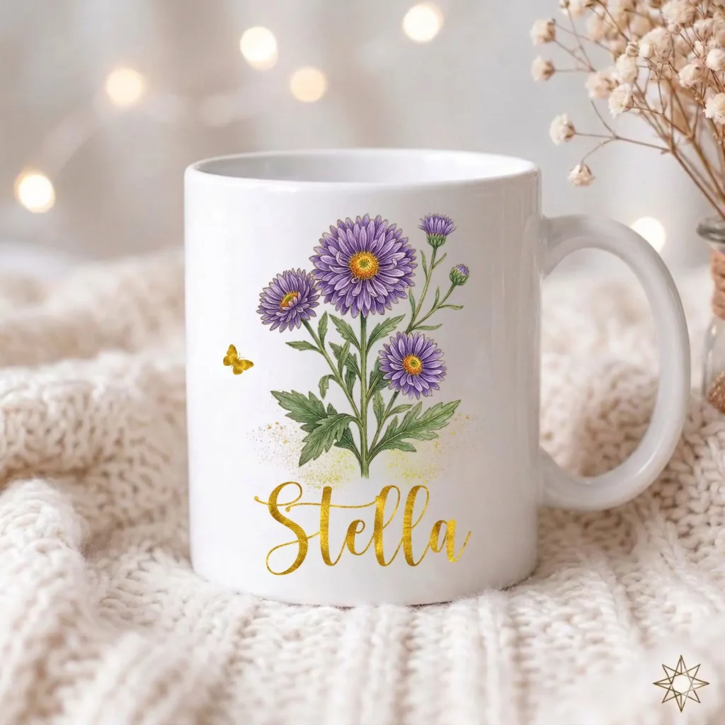 Personalized white mug with purple aster flowers and a gold name, a sweet and simple choice for September birthday gift ideas.