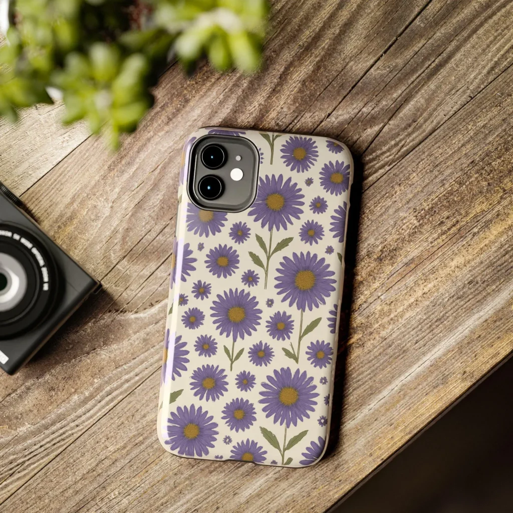 Purple aster daisy phone case in a floral pattern, a stylish accessory choice for September birthday gift ideas.