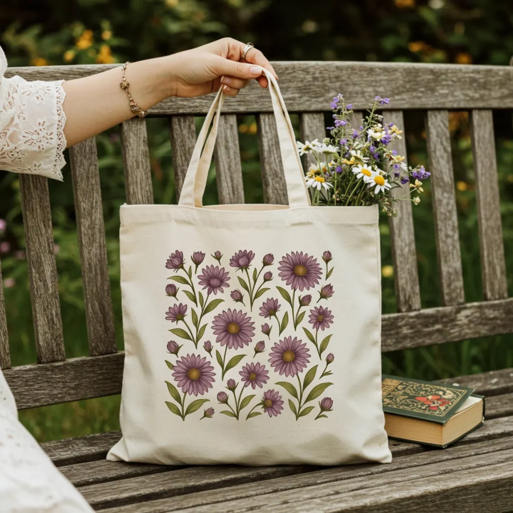Canvas tote bag with purple aster flower print, held in hand near wildflowers, a lovely choice for September birthday gift ideas.