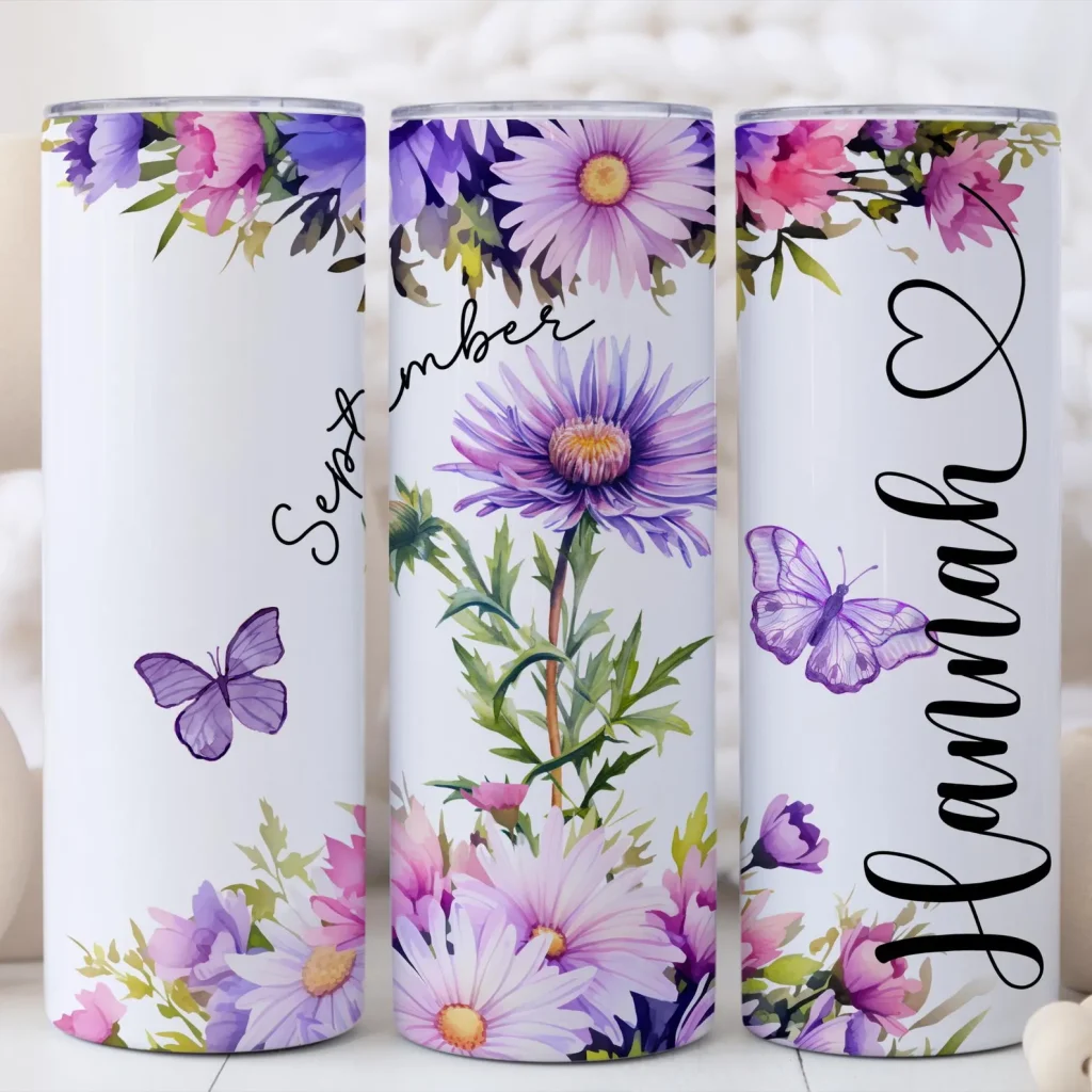 Personalized aster flower tumbler set with butterflies and a custom name, a colorful pick for September birthday gift ideas.
