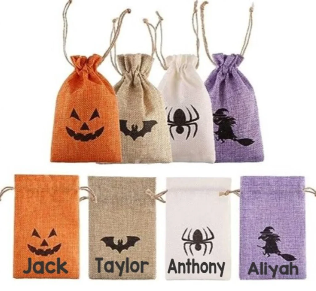 Personalized burlap candy sacks with jack-o'-lantern, bat, spider, and witch designs, charming Halloween party favors for kids.