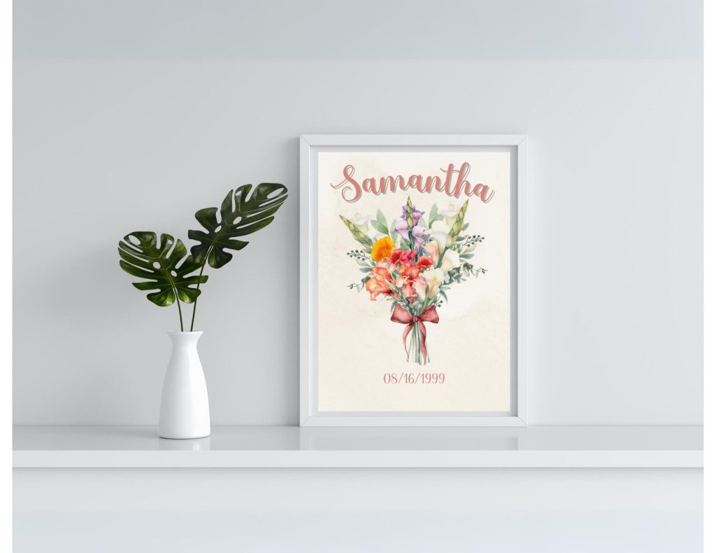 A framed personalized wall art print featuring a watercolor gladiolus and poppy bouquet with a custom name and birth date, a beautiful August birthday gift idea.