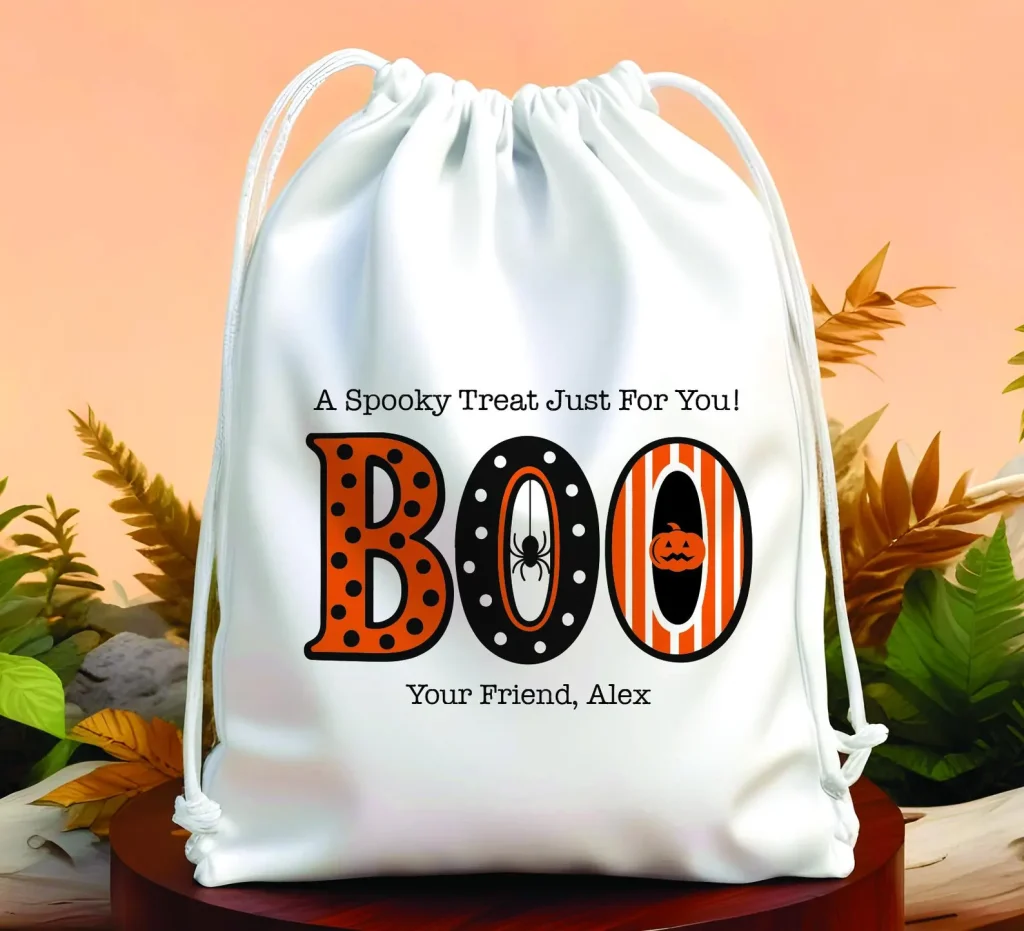 White drawstring cloth bag with a colorful "Boo" design and personalized message, a charming choice for Halloween party favors.