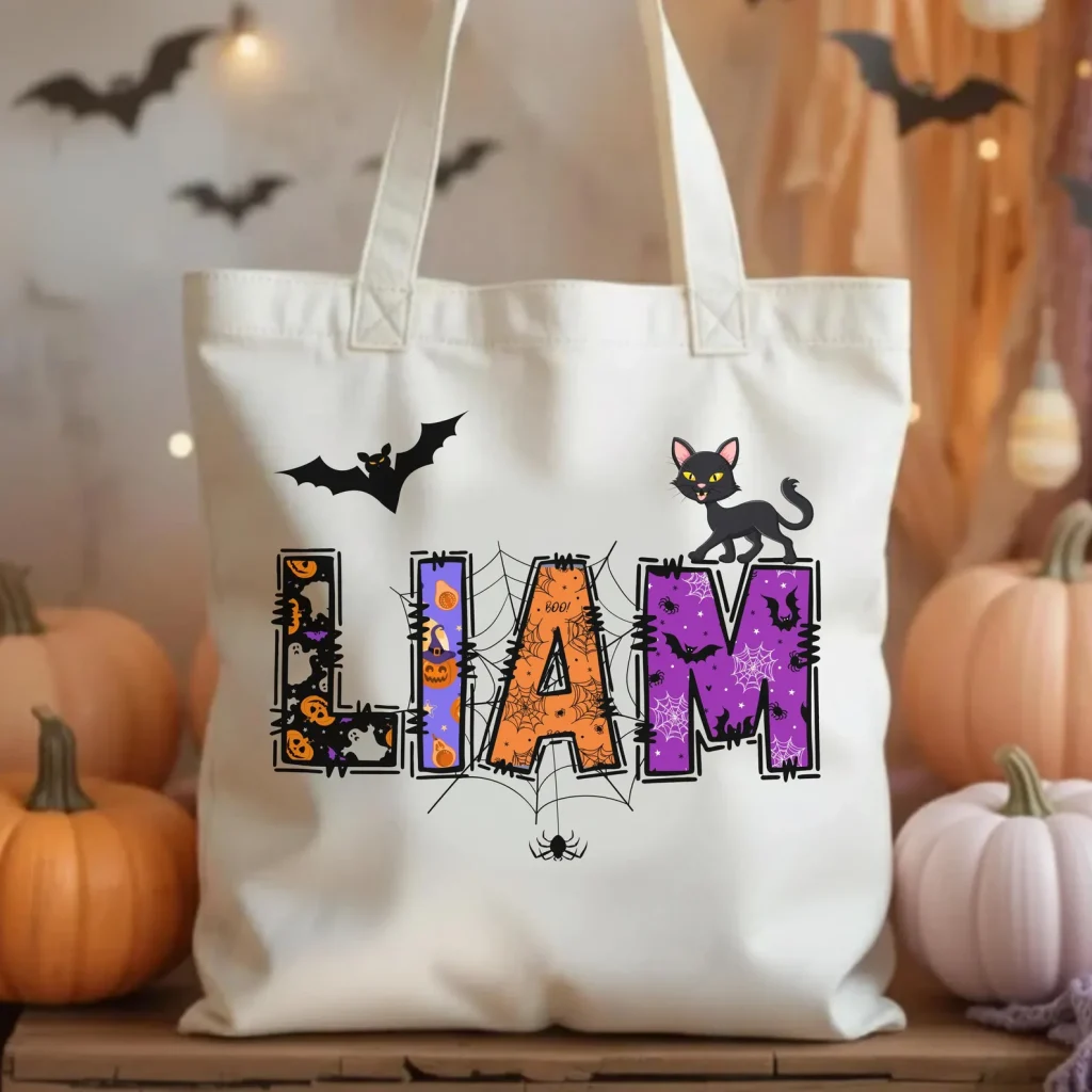 Personalized white canvas tote bag with a spooky name design and black cat, a stylish carrier for Halloween party favors.