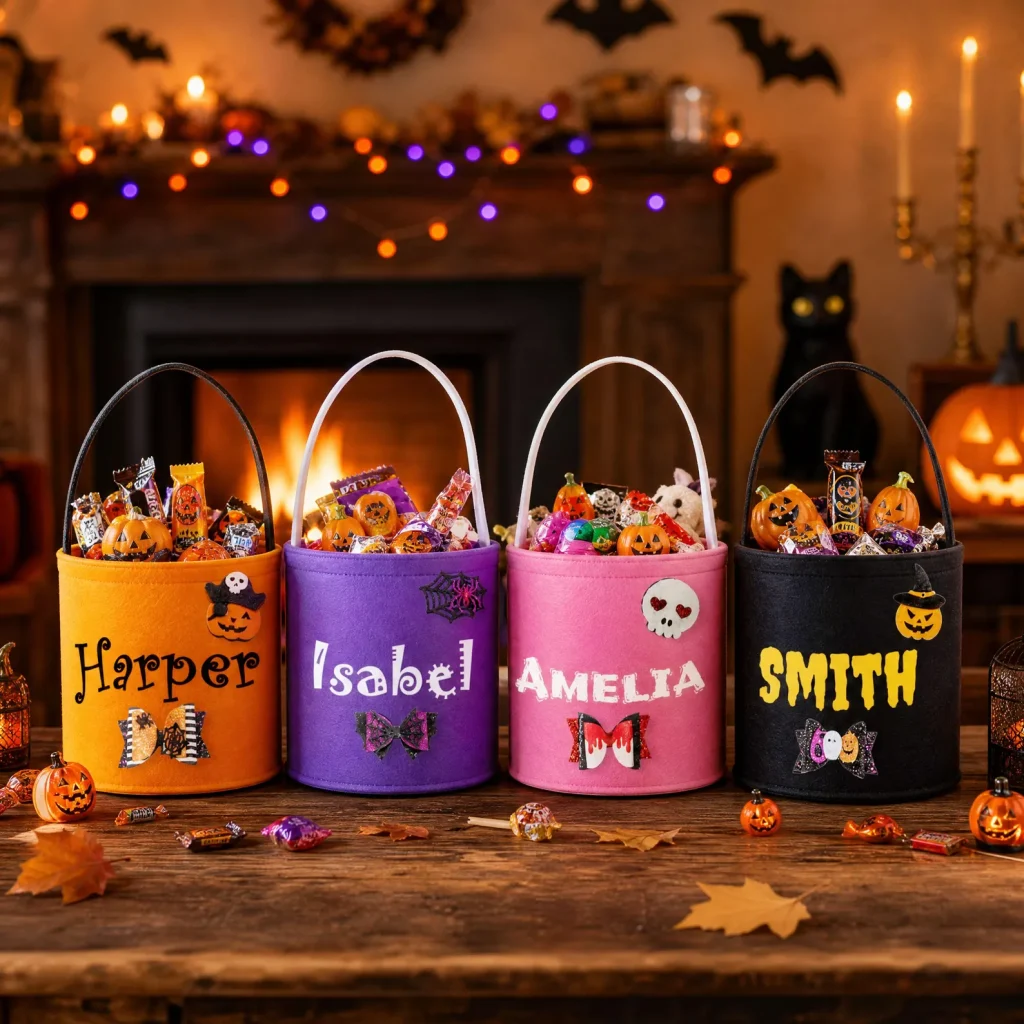 Personalized felt treat pails with names and Halloween charms, filled with candy, festive and functional Halloween party favors.