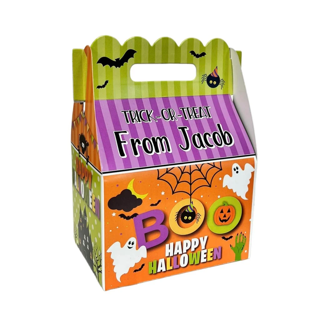 Personalized trick-or-treat favor box with ghosts, spiders, and "Happy Halloween" graphics, a festive container for Halloween party favors.