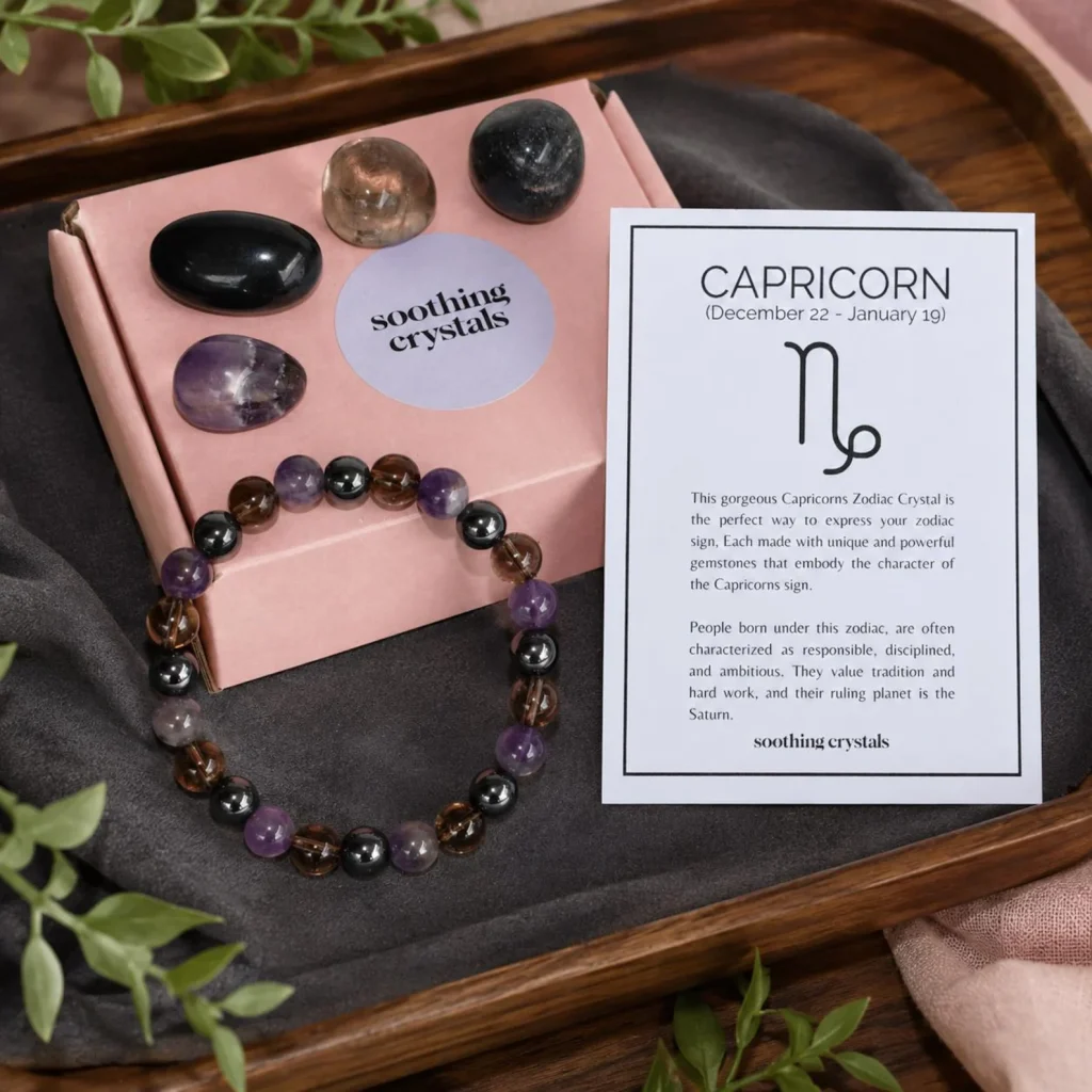 A Capricorn crystal set with amethyst, smoky quartz and hematite stones plus a beaded bracelet, a lovely December birthday gift idea.
