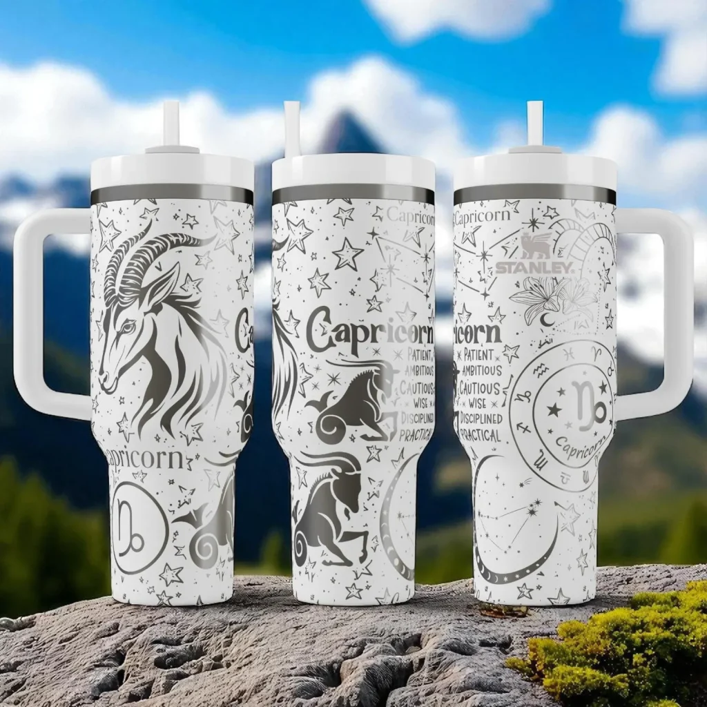 Three views of a Capricorn zodiac engraved Stanley style tumbler with star and constellation designs, a cool December birthday gift idea.