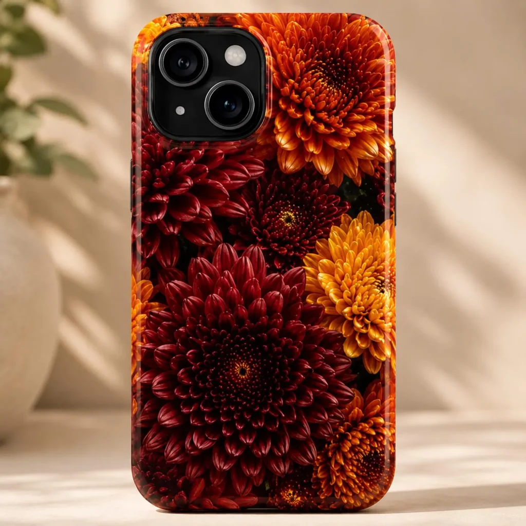 A phone case covered in a rich all over pattern of deep red and golden orange chrysanthemum blooms, a stunning autumn inspired November birthday gift idea.