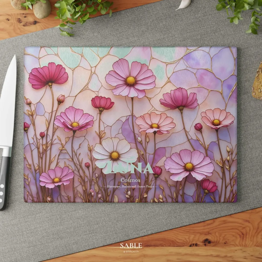 A glass cutting board printed with a stained glass style pink cosmos flower meadow design, a beautiful and functional October birthday gift idea.