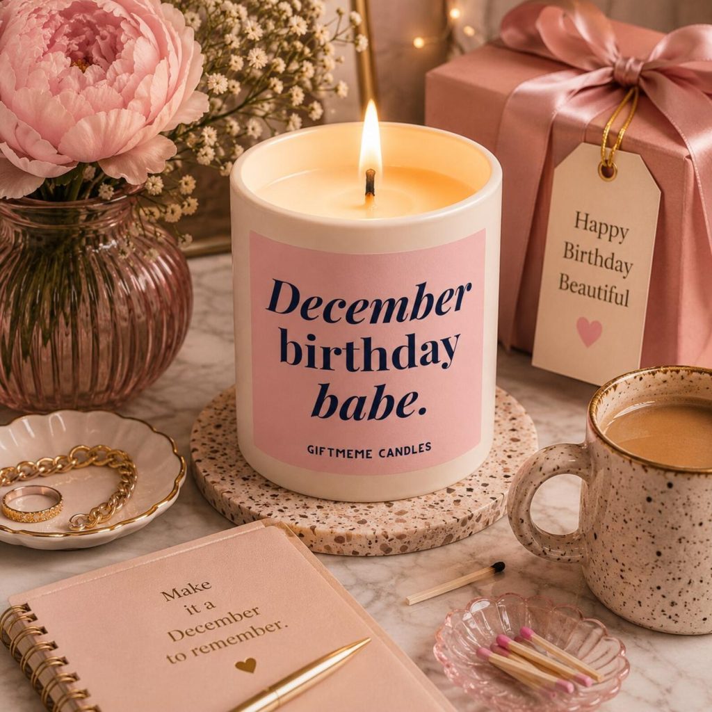 A pink ceramic December birthday babe candle styled with flowers and gifts, a cute and fun December birthday gift idea.