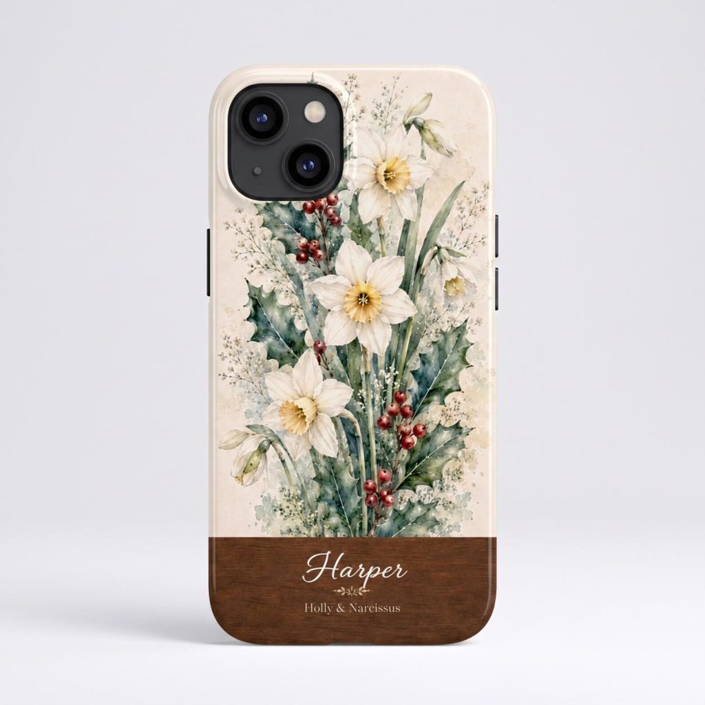 A personalized phone case featuring watercolor narcissus and holly birth flowers, a unique and pretty December birthday gift idea.