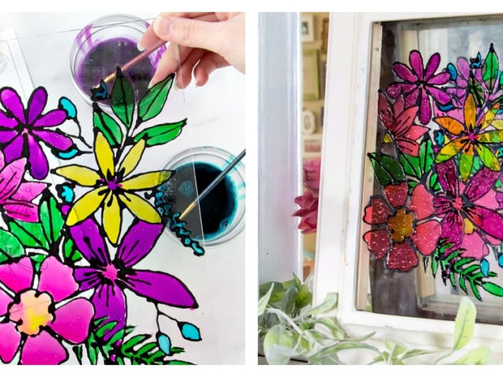A vibrant faux stained glass floral painting bursting with purple and pink blooms, a stunning homemade gift for grandparents.