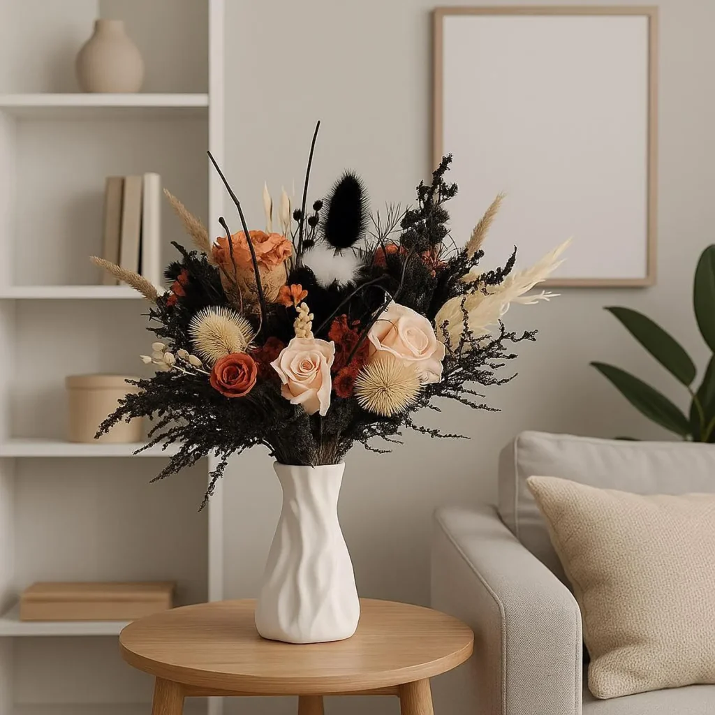 A gothic dried flower bouquet with black foliage, orange roses and pampas grass in a white vase, perfect Halloween hostess gift ideas.