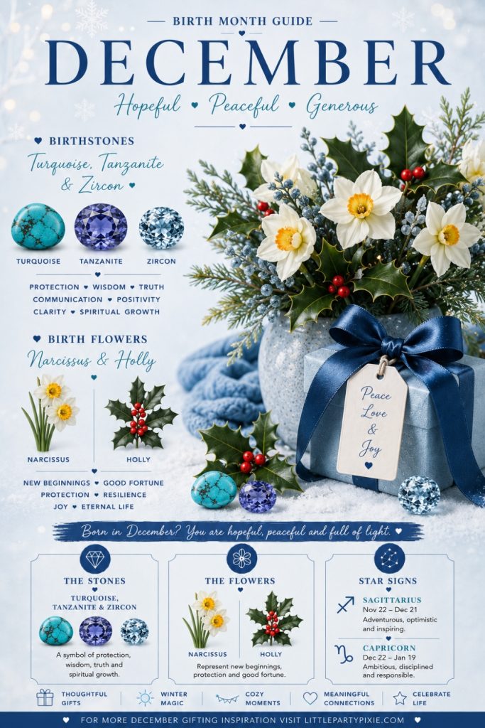 A December birth month guide infographic showing birthstones turquoise, tanzanite and zircon, birth flowers narcissus and holly, and star signs for December birthday gift ideas.