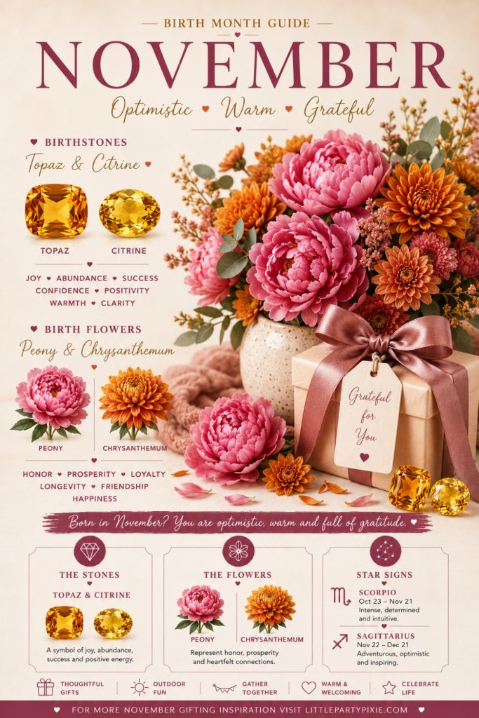 Topaz and citrine birthstones beside peony and chrysanthemum birth flowers arranged as a November birth month guide for thoughtful November birthday gift ideas.