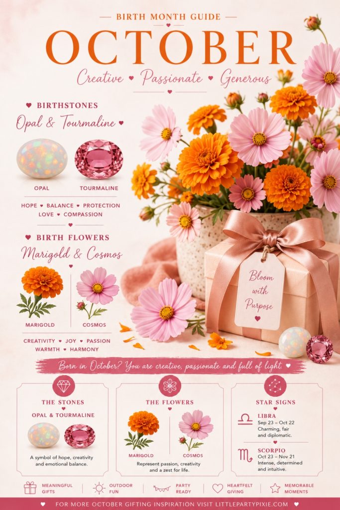 Opal and tourmaline birthstones beside marigold and cosmos birth flowers arranged as October birthday gift ideas for creative and passionate celebrants.