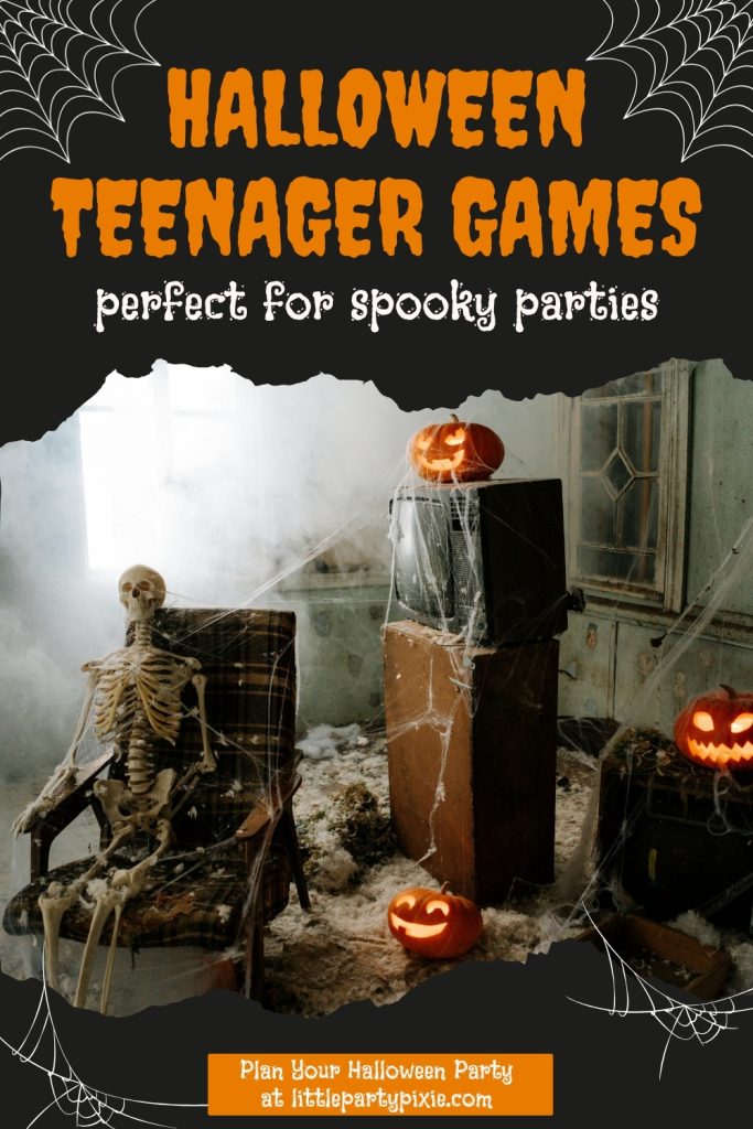 A spooky escape room set up with skeletons and an old tv with text overly Halloween Teenager games
