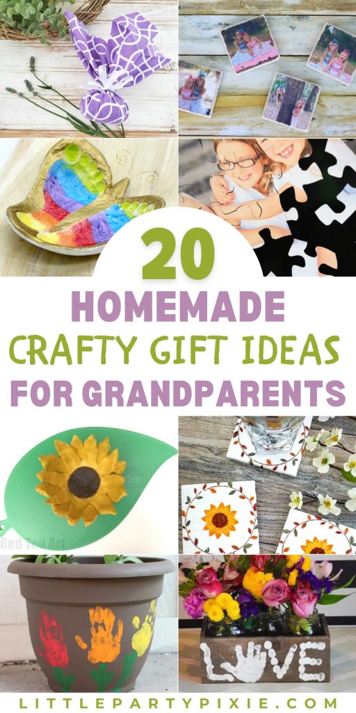 A collage of homemade gifts for grandparents featuring fabric crafts, photo tiles, painted butterfly dish, custom puzzle, sunflower art, coasters, handprint flower pot, and floral wood box.