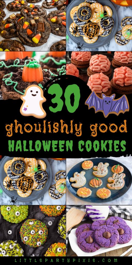 A collage of Halloween cookies featuring chocolate candy cookies, spiderweb donuts, brownie pumpkin patch, brain cookies, monster crinkle cookies, and purple blossom cookies.