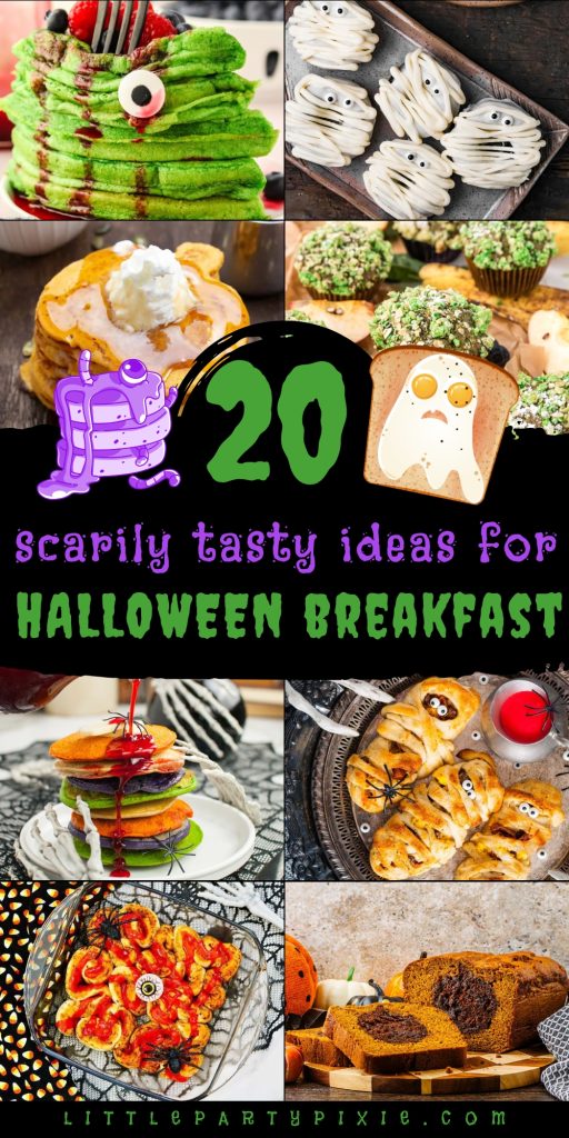 A collage of spooky and creative Halloween breakfast recipes including green pancakes, mummy rolls, colorful stacked pancakes, and pumpkin banana bread.