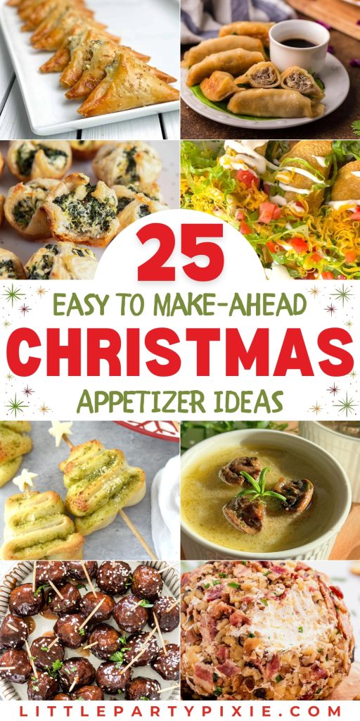 A collage of make ahead Christmas appetizers including spanakopita triangles, spinach puffs, rolled tacos, pesto Christmas tree skewers, mushroom pate, meatballs, and a cheese ball.