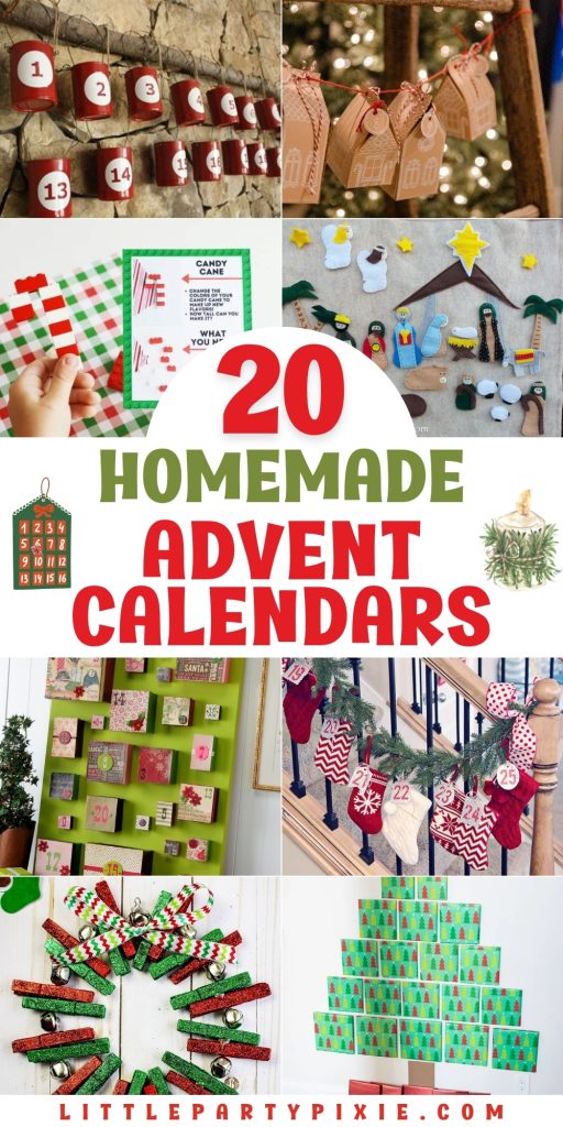 A fun collection of homemade advent calendars featuring numbered tin cans, kraft paper house garlands, a felt nativity scene, mini stocking banister display, glitter clothespin wreath, and a Christmas tree box design.