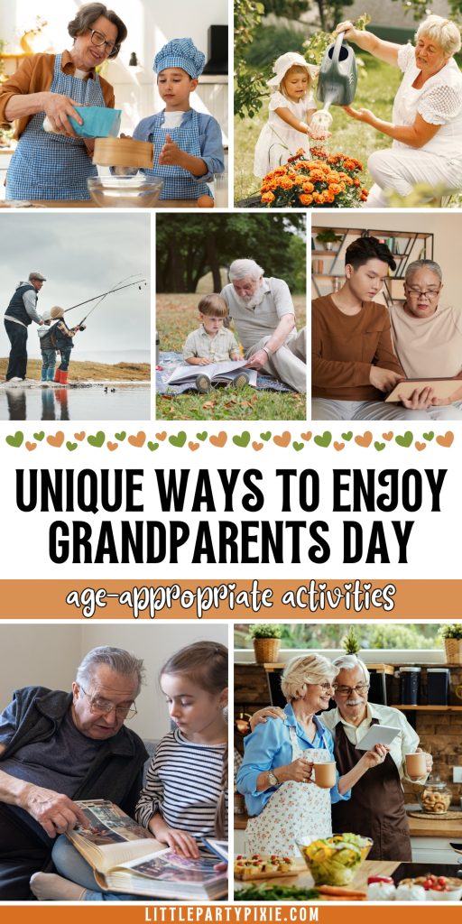 collage of grandparents and grandkids undertaking activities together for Grandparents Day 