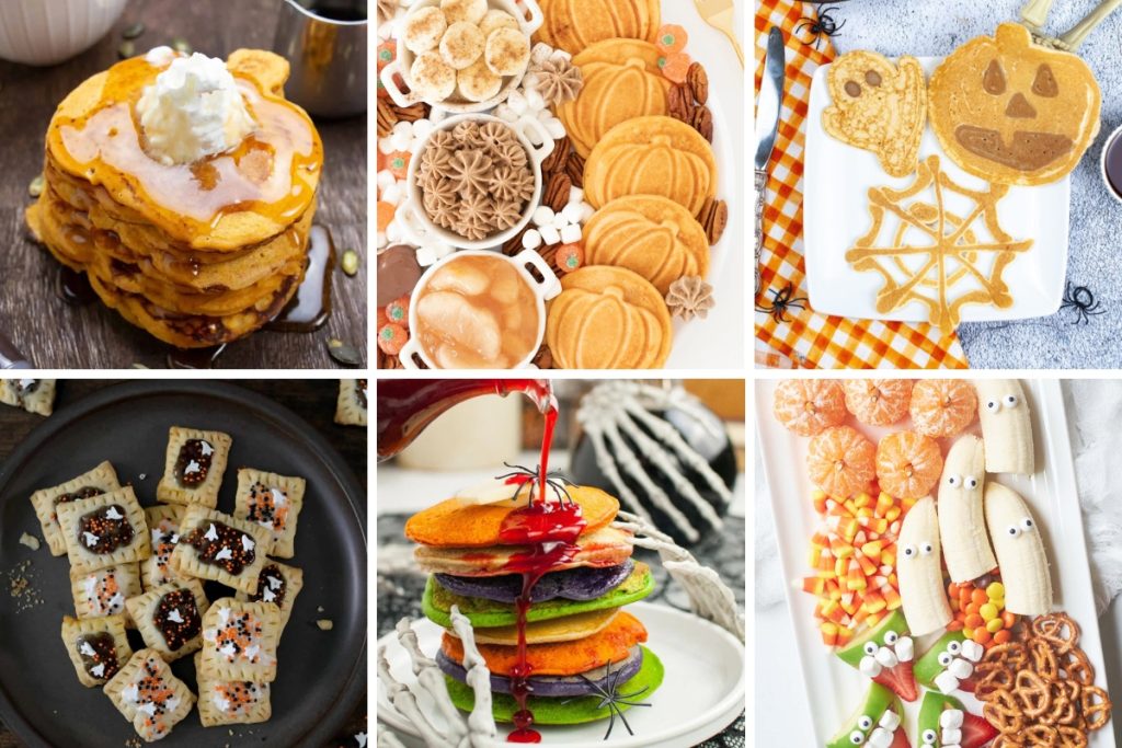 A bright collage of fun Halloween breakfast recipes featuring pumpkin pancakes, a fall brunch board, Halloween pop tarts, colorful stacked pancakes, and a spooky fruit tray.