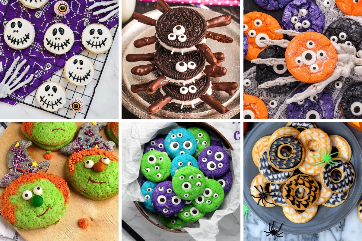 A collage of six Halloween cookies including skeleton sugar cookies, Oreo spiders, crinkle spider cookies, witch macarons, monster cookies, and spiderweb donuts.