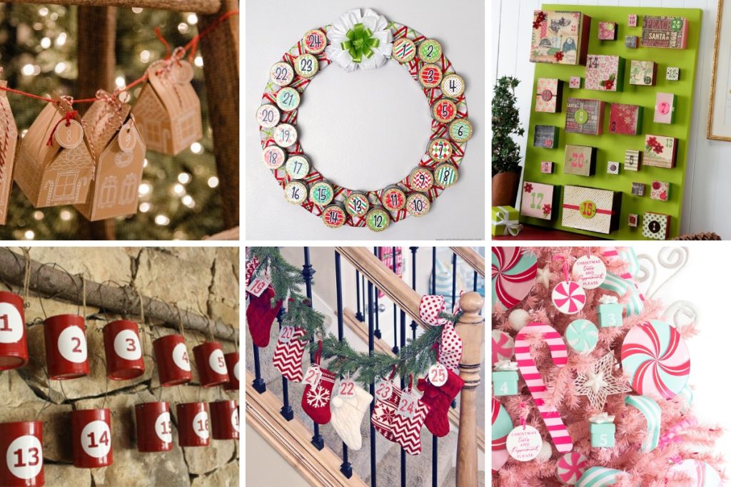 A festive collage of creative homemade advent calendars including a wreath design, numbered tin cans, mini stockings on a staircase banister, and a pink candy cane Christmas tree version.