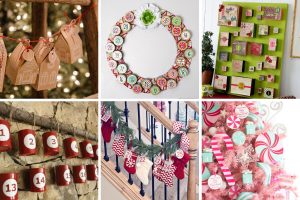 A festive collage of creative homemade advent calendars including a wreath design, numbered tin cans, mini stockings on a staircase banister, and a pink candy cane Christmas tree version.
