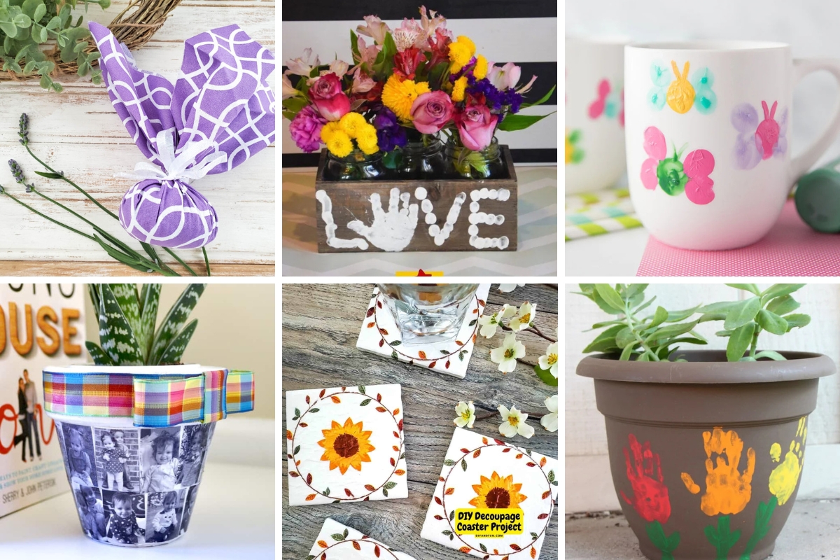 Six homemade gifts for grandparents including a fabric bunny, floral wood centerpiece, thumbprint mug, photo collage pot, decoupage coasters, and colorful handprint planter.