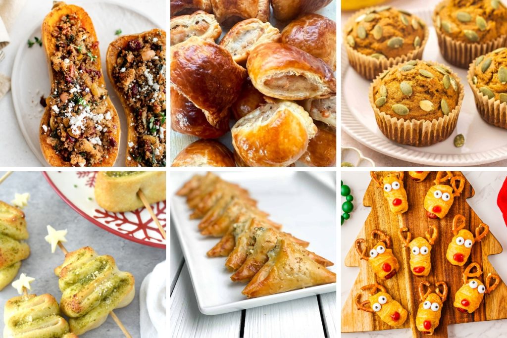 A collage of make ahead Christmas appetizers featuring stuffed butternut squash, puff pastry sausage rolls, pesto Christmas tree skewers, spanakopita triangles, and reindeer crescent rolls.